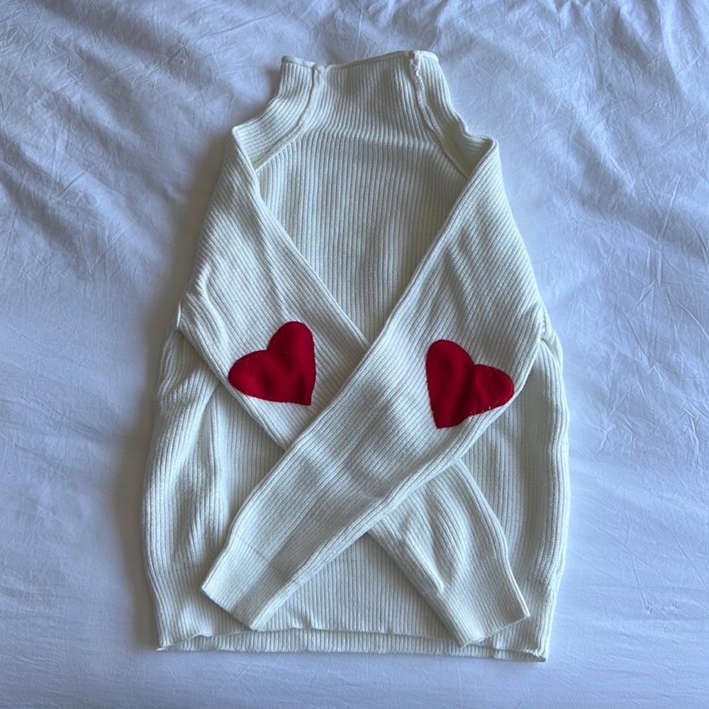 White Sweater with Red Hearts on Elbow